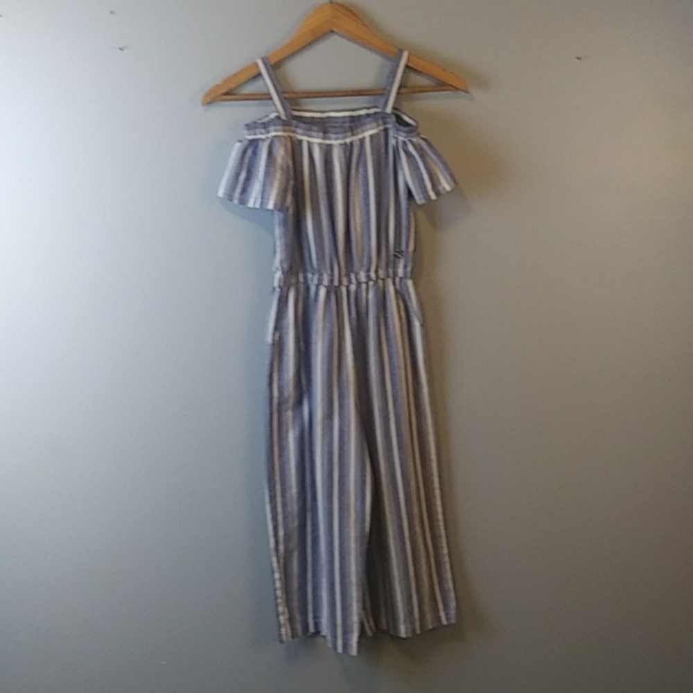 Bebe Girls Jumpsuit Blue and White Pinstripe Ruffle Cold Shoulder Size 1…